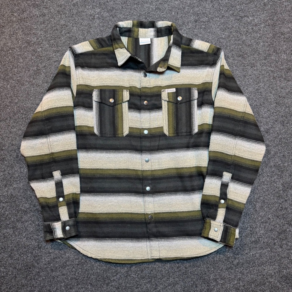 Columbia Sportswear Mens XL Flannel Shirt Striped Olive Green Grey Long Sleeve